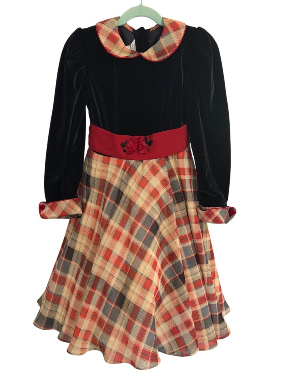 Pamela New York Boutique Vintage Black Velvet Christmas Plaid Girls Dress 8